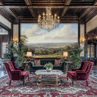 English landscape wall mural showing pastoral hills and figures, featured in dark wood library