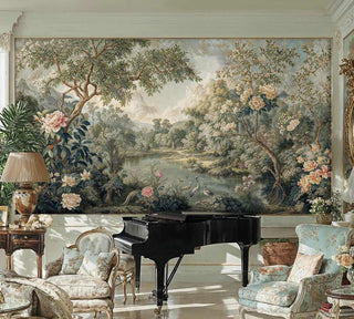English landscape wall mural with cranes and flowers in muted tones, displayed in music room with grand piano