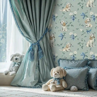 English spaniel wallpaper featuring sitting dogs and white roses, displayed in nursery with blue curtains