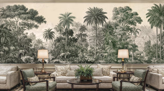 Engraving-style jungle mural with elephants and palms, shown in a traditional lounge with twin table lamps and fern