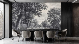 Engraving-style landscape wall mural featuring rural pathway and gate, displayed in modern dining room with marble table