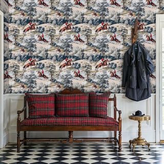 Equestrian scenic wallpaper with horse riders and pastoral trees, beige and blue tones, in an entry with plaid bench and coat rack