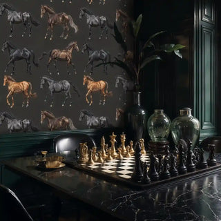 Equestrian themed wallpaper with galloping horses, shown in sophisticated game room with chess set and glass bottles