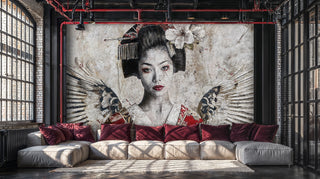 Ethereal geisha wall mural featuring traditional kimono in industrial loft with grey sectional sofa