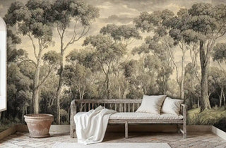 Eucalyptus forest landscape wall mural in neutral tones displayed in rustic outdoor seating area