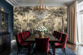 Eucalyptus forest wall mural with detailed trees and beige tones in elegant dining room with red velvet chairs