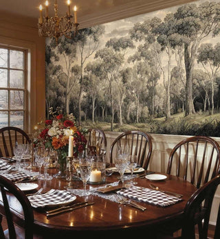 Eucalyptus grove wall mural in warm beige tones displayed in traditional dining room with brass chandelier