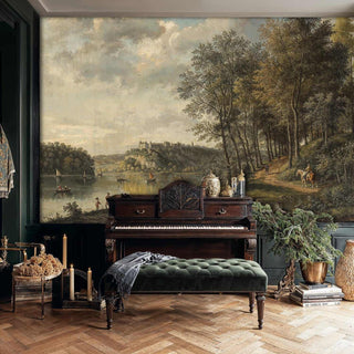 European landscape wall mural with boats and trees in muted tones, shown in bedroom with antique piano