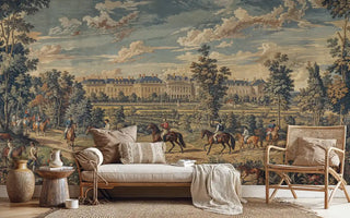 European landscape wallpaper with horses and manor in cozy bedroom with rattan furniture