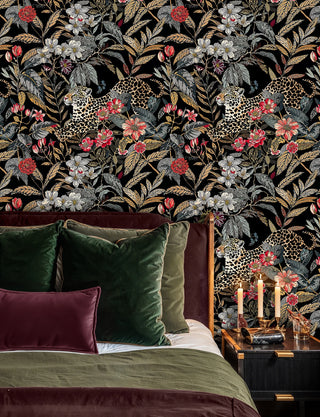 Exotic animal wallpaper featuring leopards and tropical botanicals, displayed in classic library setting