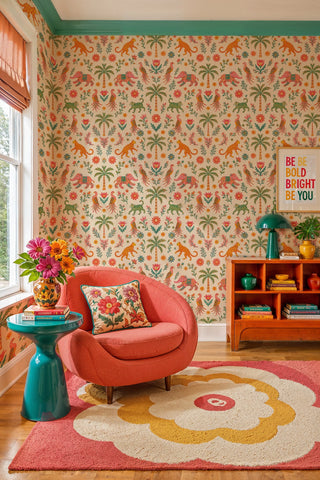 Exotic animal wallpaper with birds, florals and palms, coral and teal tones, in a living room with curved pink chair