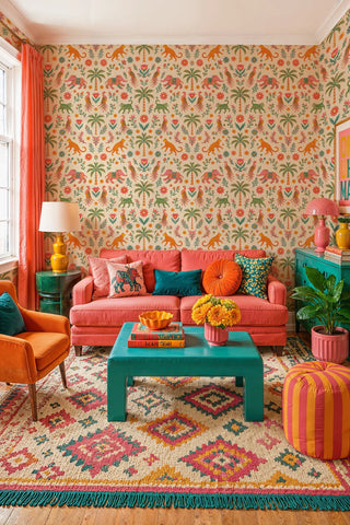 Exotic animal wallpaper with leopards, parrots and palms, coral and teal tones, in a living room with pink sofa