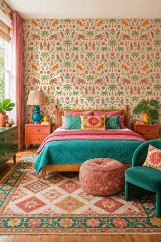 Exotic animal wallpaper with tropical animals, florals and palms, coral and teal, in a bedroom with floral pillows