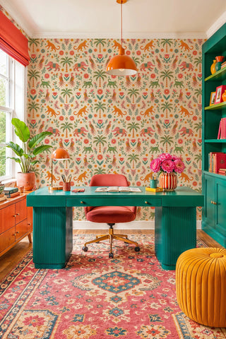 Exotic animal wallpaper with tropical motifs, coral and teal accents, in a home office with teal desk
