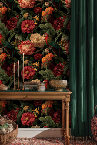 Exotic bird wallpaper featuring parrots and vibrant florals, shown in elegant study with wooden desk