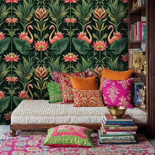 Exotic bird wallpaper with flamingos and tropical flowers, in cozy reading nook with colorful cushions and books