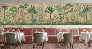 exotic birds paradise wall mural with lush foliage, shown in upscale restaurant with plush burgundy velvet banquette seating
