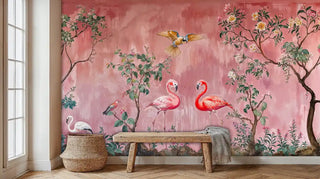 Exotic birds wall mural in pink tones, shown in minimalist room with wooden bench and wicker basket