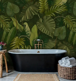 Exotic botanical wall mural featuring tropical foliage, shown in spa bathroom with freestanding bathtub