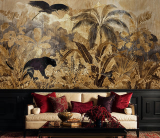 Exotic botanical wallpaper with golden tones and black panther, displayed in elegant living room with red velvet pillows