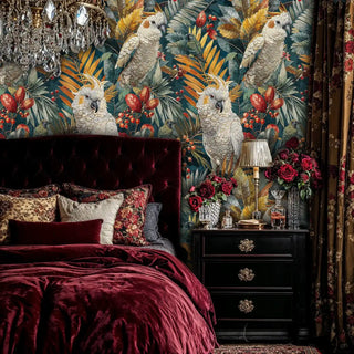 Exotic cockatoo wallpaper featuring white birds and tropical plants in elegant bedroom with crystal chandelier