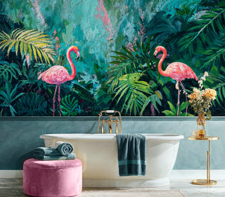 Exotic flamingo wall mural showcasing tropical birds in emerald foliage, featured in luxury bathroom with freestanding tub