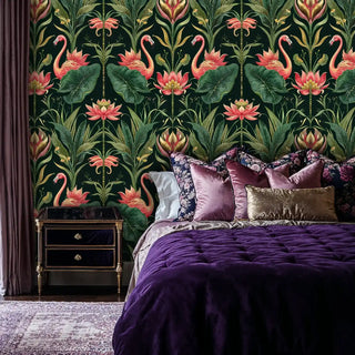 Exotic flamingo wallpaper with coral birds and green foliage, shown in luxurious bedroom with purple velvet bedding