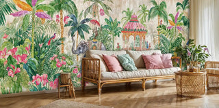 Exotic Indian elephant wallpaper with ornate pavilion displayed in bohemian living room with rattan furniture
