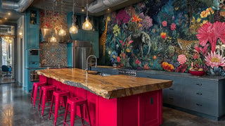 Exotic jungle wall mural with safari animals and lush botanicals in cosmic setting, shown with tufted sofa