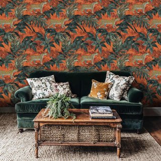 Exotic jungle wallpaper with golden leopards and lush foliage, displayed in elegant lounge with antique wooden coffee table