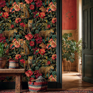 Exotic leopard wallpaper featuring tropical botanicals, shown in rustic entryway with wooden bench