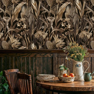 Exotic lily wall mural with lush foliage, displayed in cozy kitchen with floral pitcher and wooden wainscoting