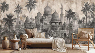 Exotic palace wallpaper showing tropical architecture in weathered tones, styled in living room with woven chair
