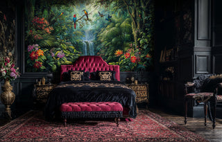 Exotic tropical wall mural featuring parrots and lush foliage in elegant bedroom with tufted burgundy headboard