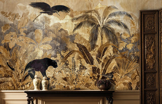 Exotic tropical wall mural with palm trees and prowling panthers, shown in an elegant entryway with decorative vases