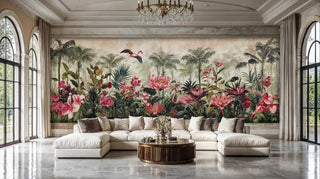 Exotic tropical wallpaper featuring flamingos and lush botanicals in elegant living room with crystal chandelier