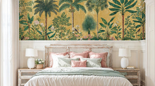 Exotic tropical wallpaper with detailed palm fronds and small birds, showcased in sophisticated bedroom with rattan headboard and soft linens
