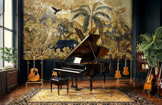Exotic tropical wallpaper with panther and palm leaves displayed in elegant music room with grand piano