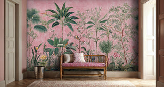 Exotic tropical wallpaper with vibrant birds and palm trees displayed in cozy entryway with wooden bamboo bench