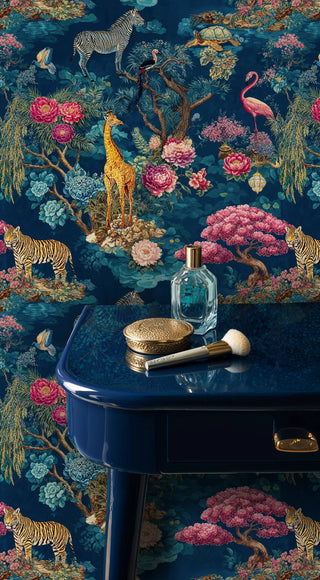 Exotic wildlife wallpaper featuring safari animals among oriental blooms, shown in modern bathroom with sleek navy vanity