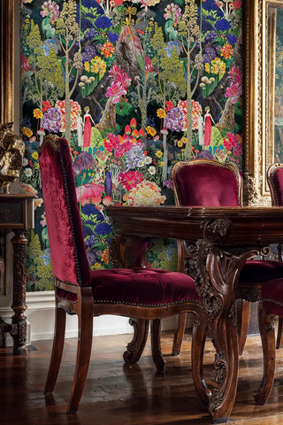 Fantasy botanical wallpaper featuring colorful blooms and mystical elements, displayed in formal dining room