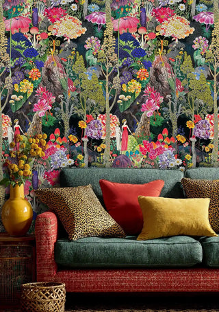 Fantasy garden wallpaper featuring exotic blooms and mystical figures, displayed in contemporary living space