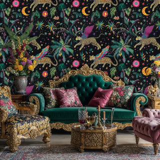 Fantasy leopard wallpaper featuring celestial moons and tropical blooms in ornate living room with emerald sofa