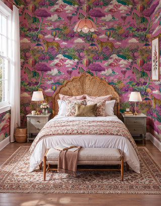 Fantasy safari wallpaper in pink with flamingos and zebras in a cottage bedroom with rattan headboard