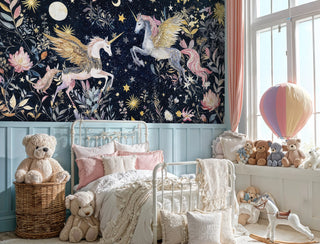 Fantasy unicorn Wall Mural featuring celestial garden with golden sunbursts, in cottage-style bedroom with metal bed frame