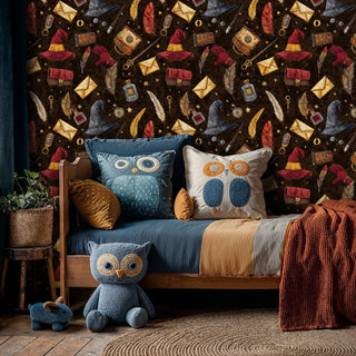 Fantasy witchcraft wallpaper featuring magical elements and stars, displayed in playful bedroom with owl-themed bedding