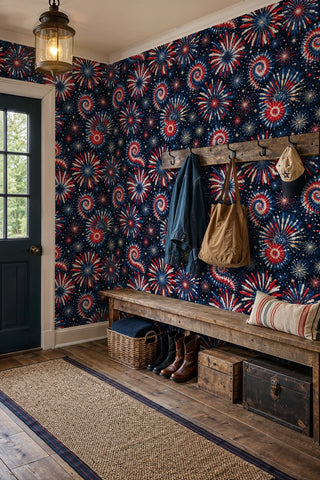 Fireworks pattern wallpaper in red blue white, in a rustic entryway with wooden bench and coat hooks
