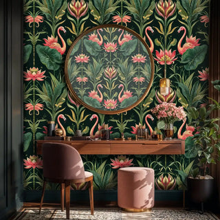 Flamingo lotus wallpaper featuring pink birds and botanical motifs, displayed in sophisticated study with round mirror