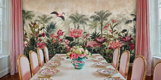 Flamingo tropical wall mural with vibrant botanicals in formal dining room with gold-framed pink chairs