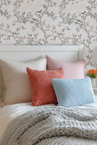 Floral bird wallpaper with pink blooms and green foliage pattern, shown in bedroom with colorful knit throw pillows and blanket